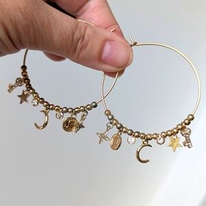 Gold Tone Charm Hoop Earrings